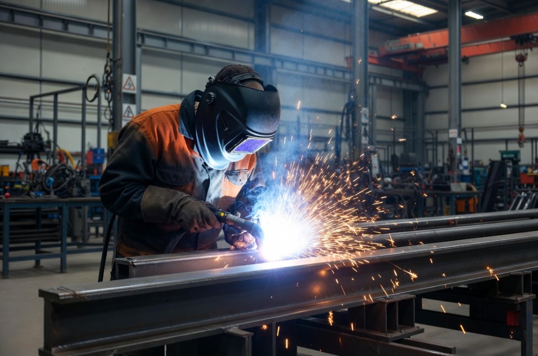 Professional welder in full safety gear performing arc welding with sparks in fabrication shop