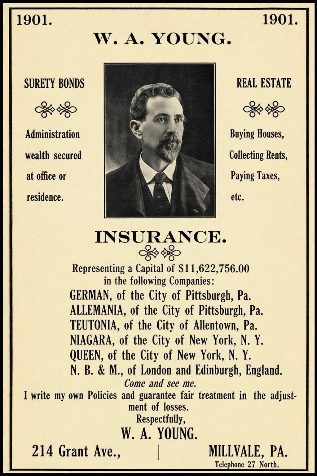W.A. Young Insurance, Surety Bonds and Real Estate Agency storefront at 1901 Grant Street in downtown Pittsburgh — the original office of the man who started the lineage that became Kelly Insurance Group.