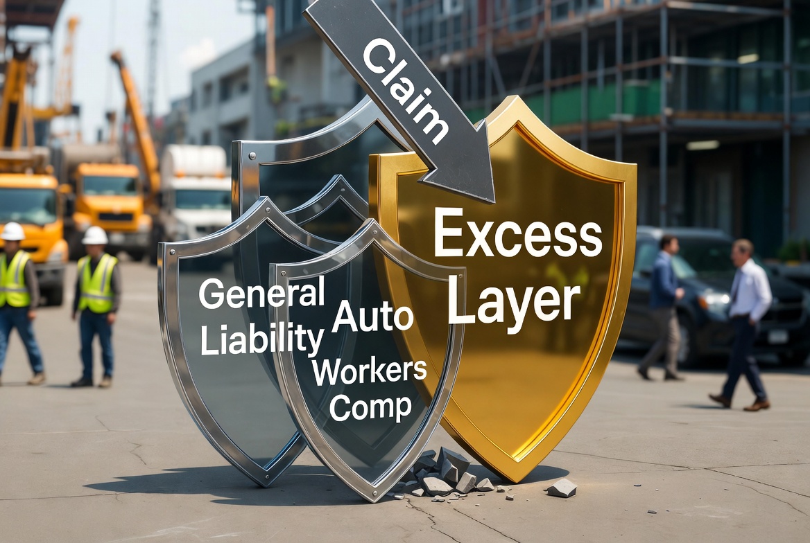 Commercial excess liability insurance layered protection shield — KIG places follow-form excess and layered towers up to $25M+