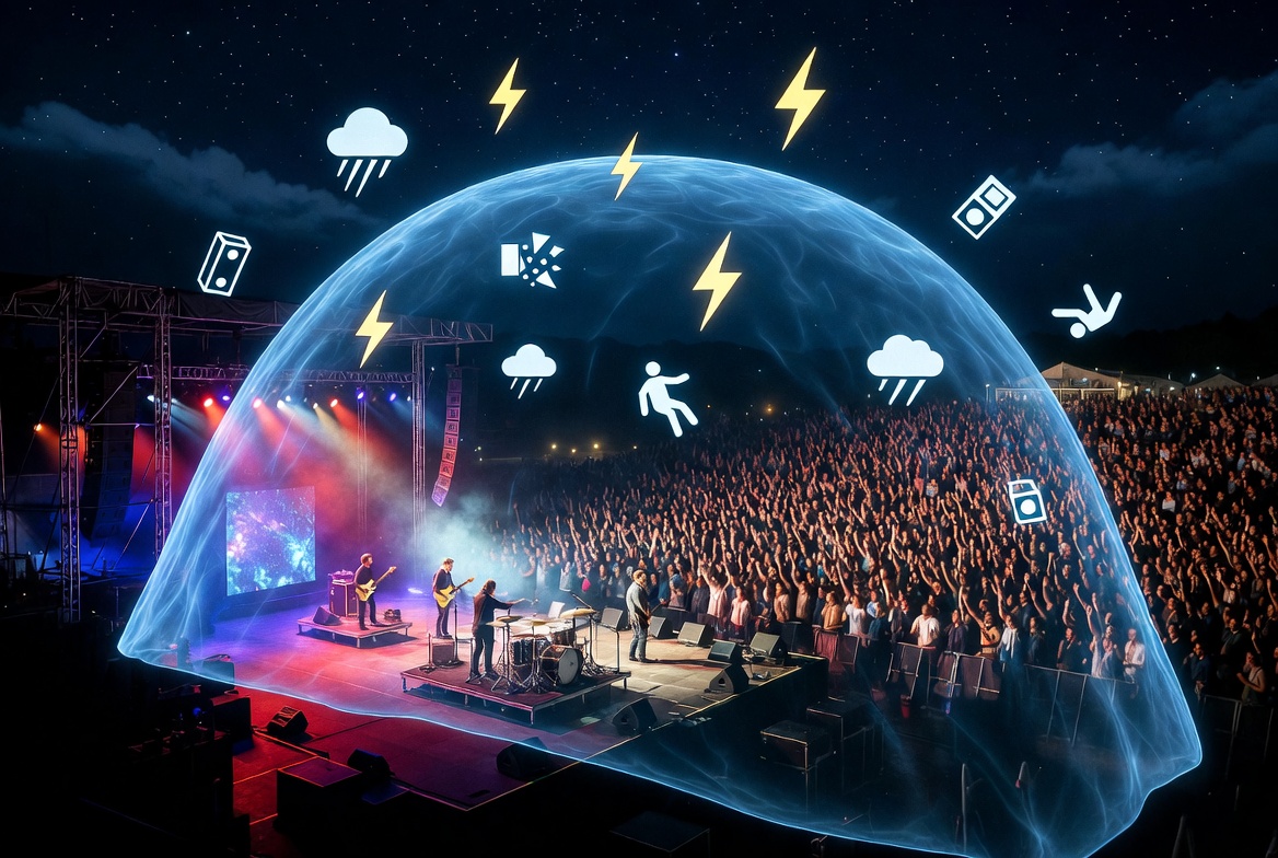 Concert and festival stage with live event insurance protection — KIG places coverage for promoters, festivals, touring acts, and venue operators