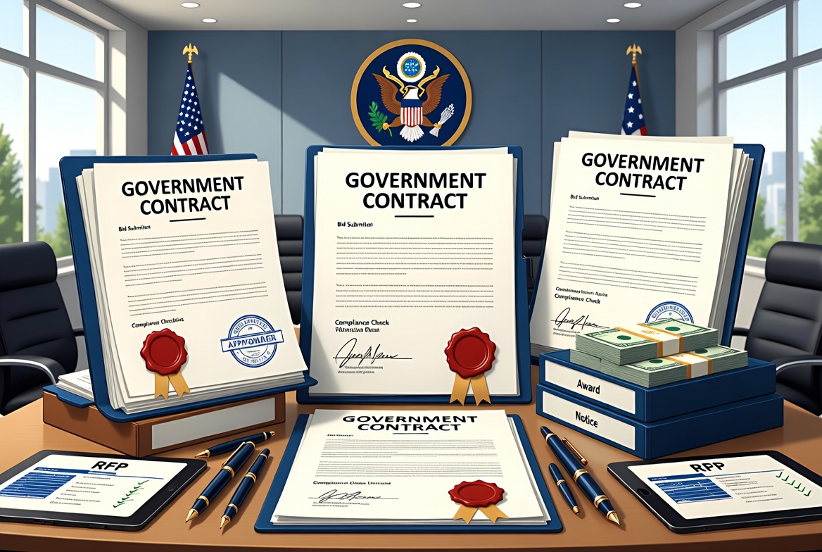 Federal contract award documents on a procurement conference table — KIG places government contract insurance for primes, subs, and SBA set-aside firms