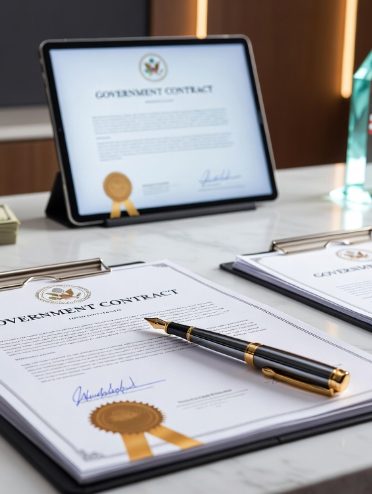 Photorealistic federal procurement desk with contract documents — KIG specializes in FAR and DFARS compliant insurance