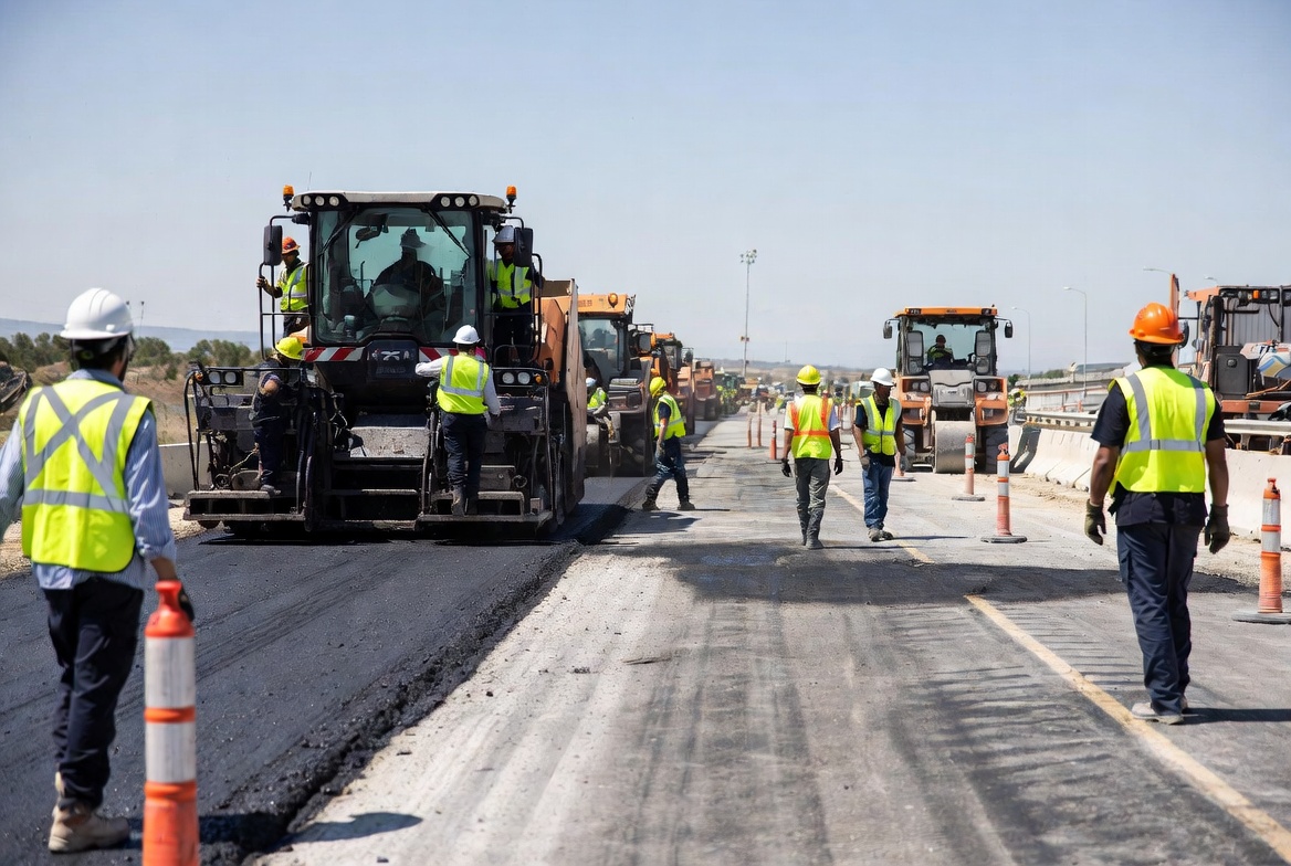 Highway construction crew laying asphalt — KIG insures paving contractors, traffic control crews, and DOT public works contractors