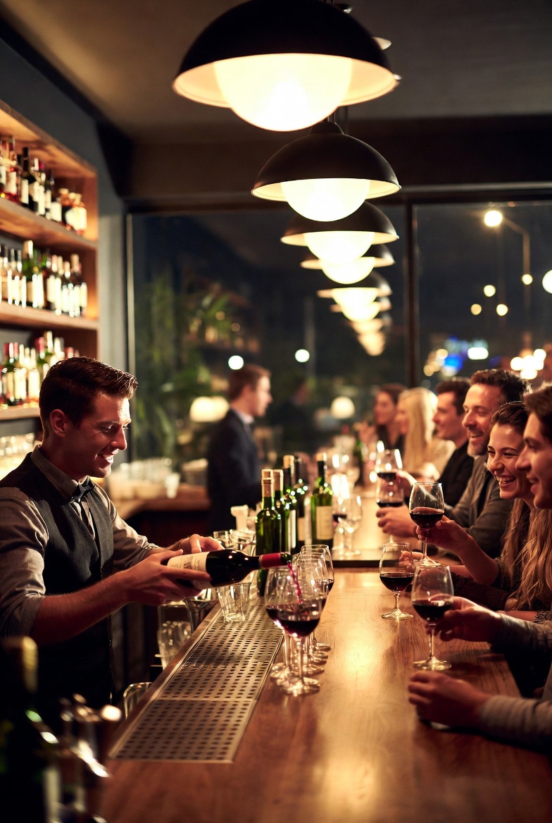 Busy upscale bar scene with bartender pouring wine for liquor liability insurance