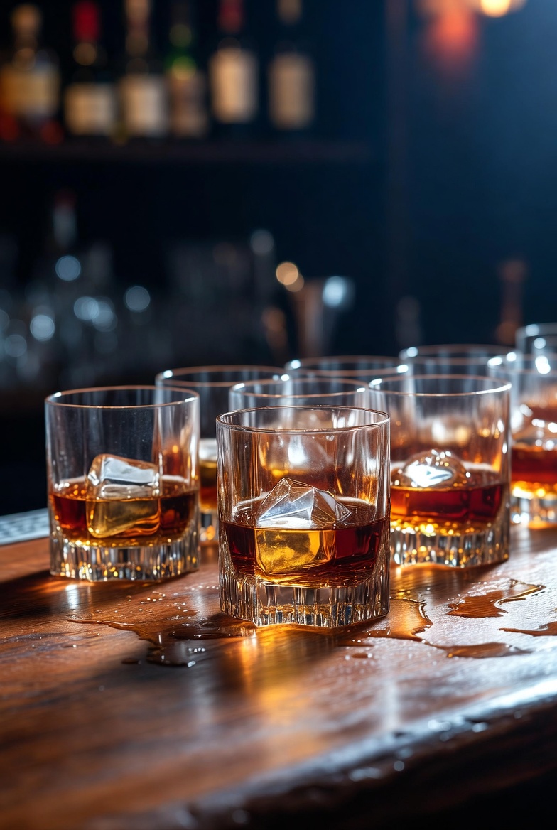Whiskey glasses on bar counter for liquor liability insurance