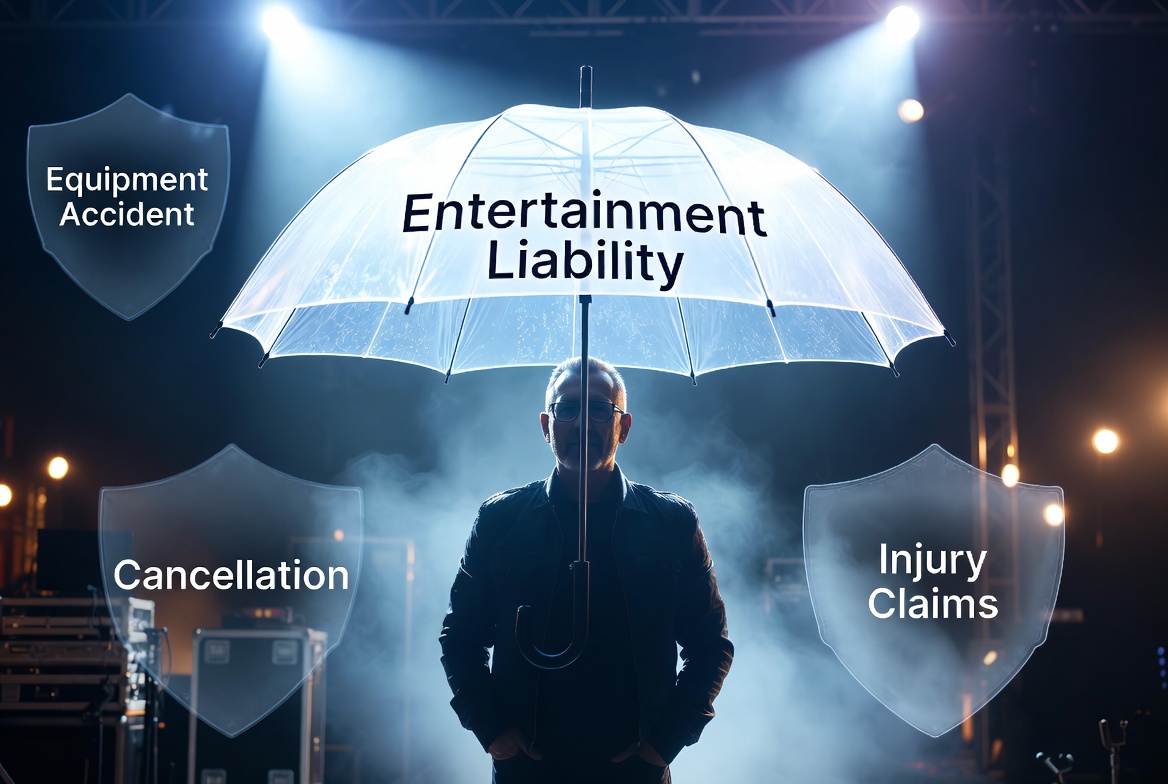 Performer and artist on stage protected by entertainment liability insurance — KIG places coverage for performers, productions, and live entertainment