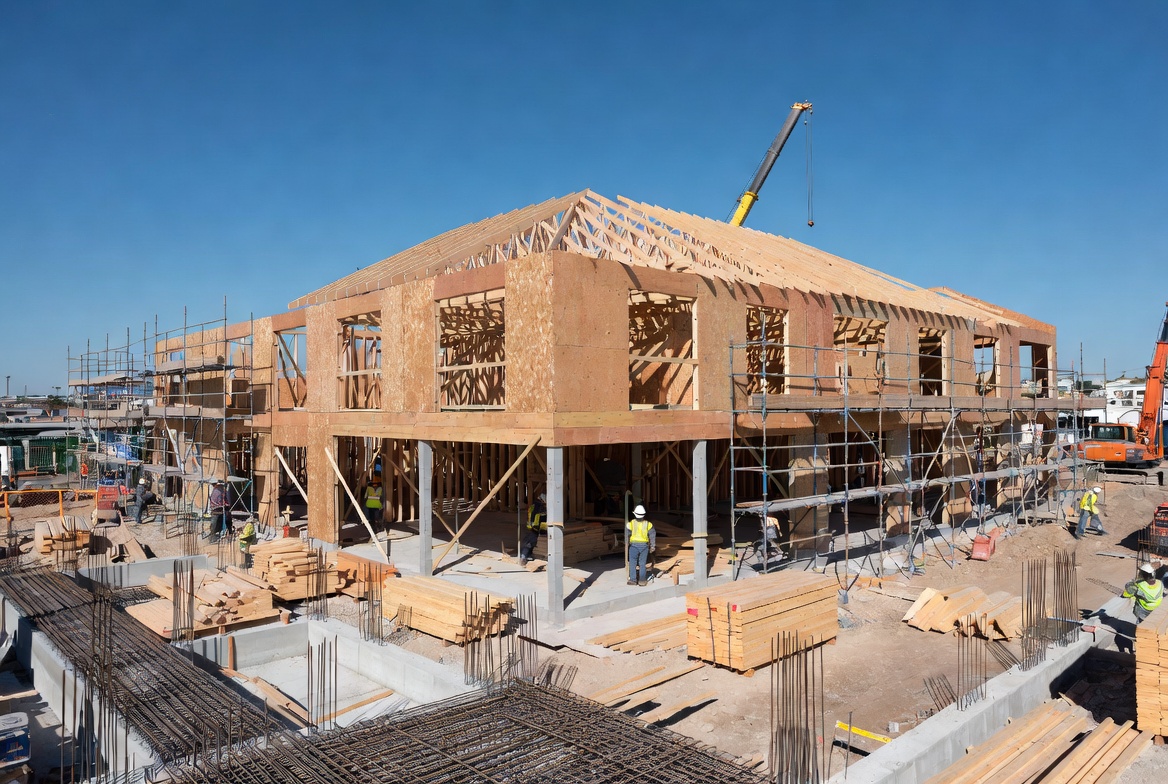Small commercial building construction site with active framing — KIG places GL, workers comp, and builders risk for general contractors and trade subs