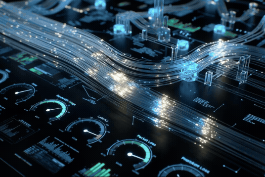 Animated fiber optic network data transmission and broadband infrastructure monitoring