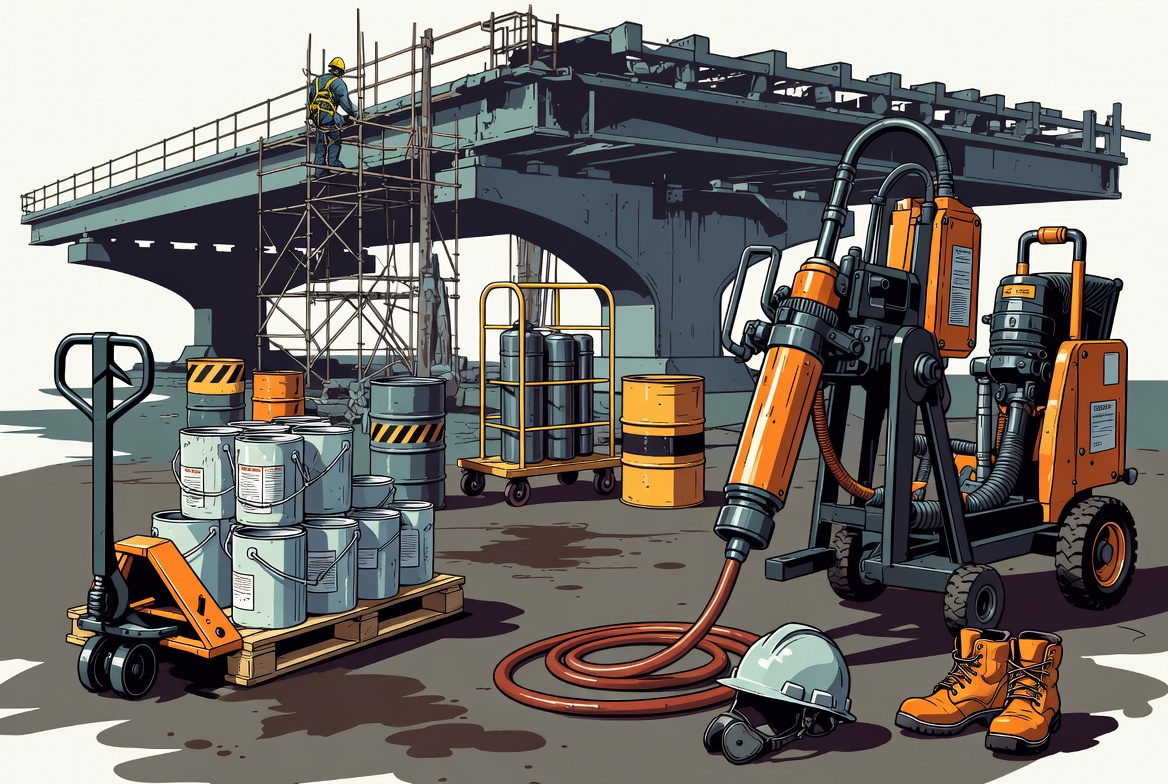 Bridge painting contractor equipment staging zone with spray machines, tools, compressors, and jobsite supplies
