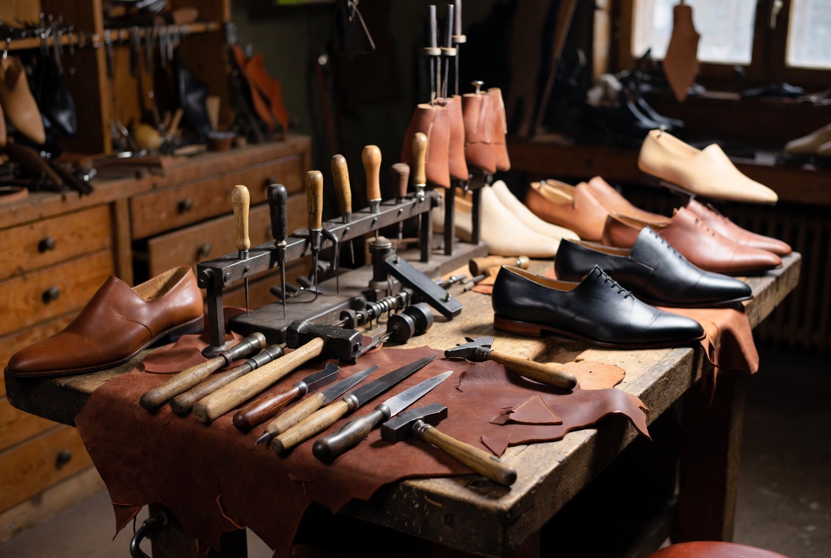 Artisan shoemaker workshop bench with leather tools and handcrafted footwear in progress