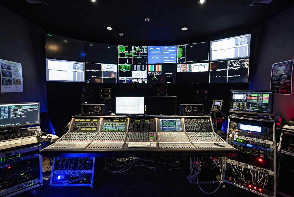 AV production control room with mixing consoles and multi screen monitoring systems