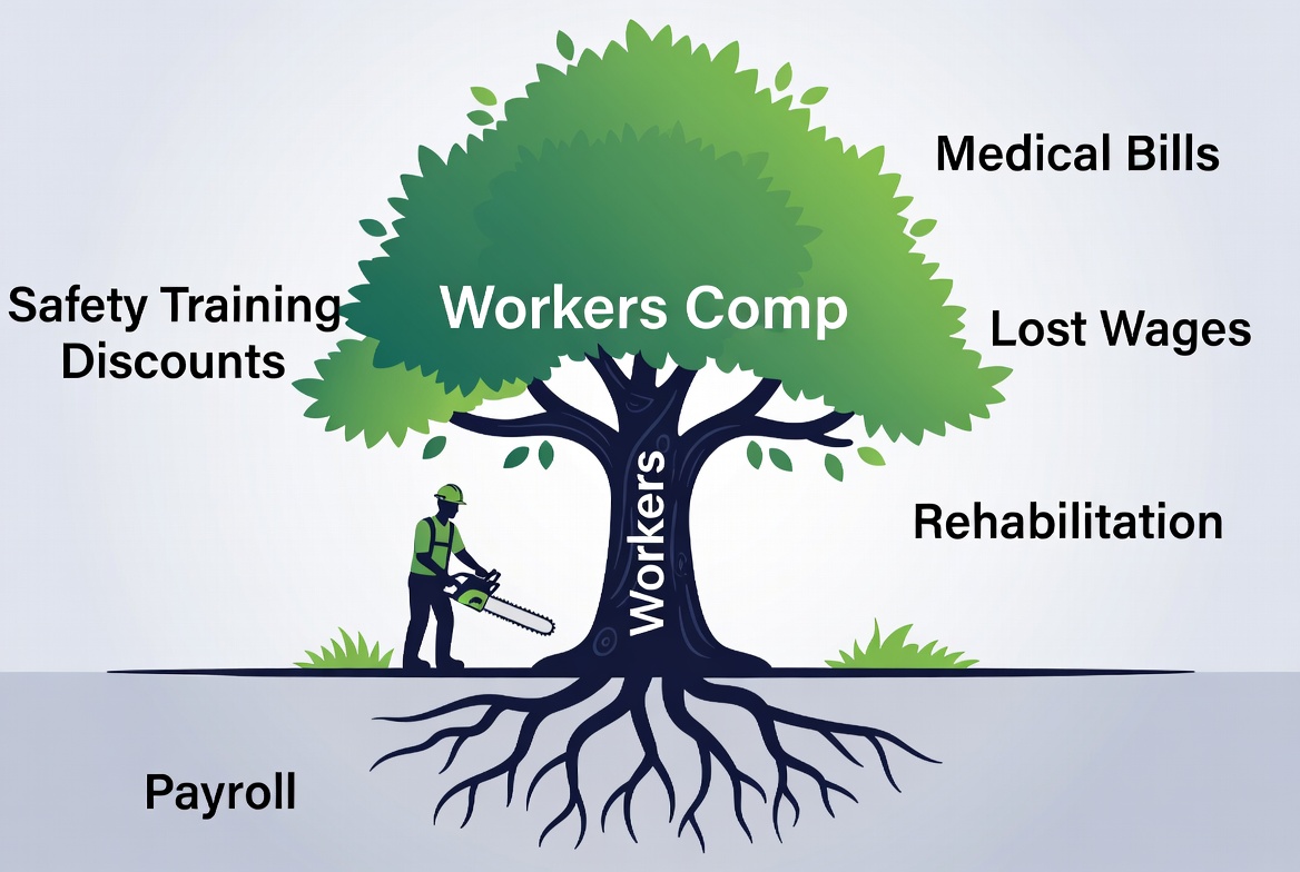 Conceptual arborist workers compensation tree infographic with payroll benefits and safety icons - Kelly Insurance Group