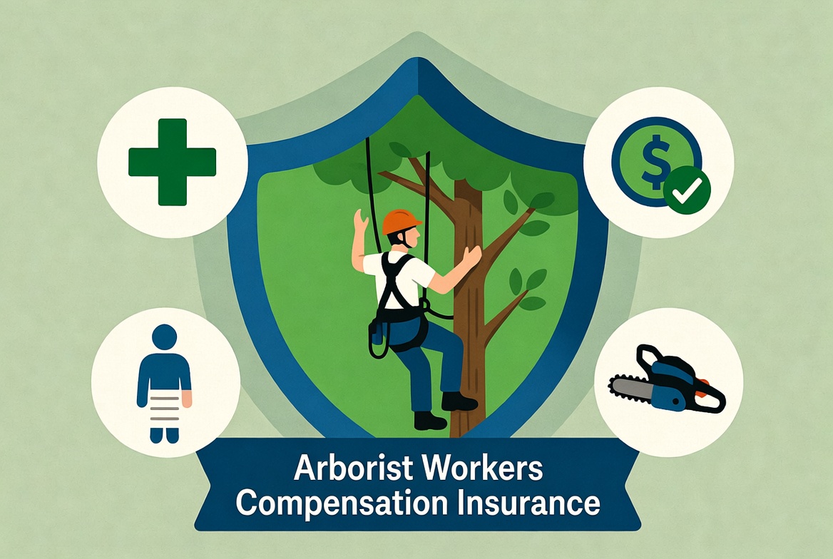Conceptual arborist workers compensation insurance shield protecting a climber with medical and recovery icons - Kelly Insurance Group