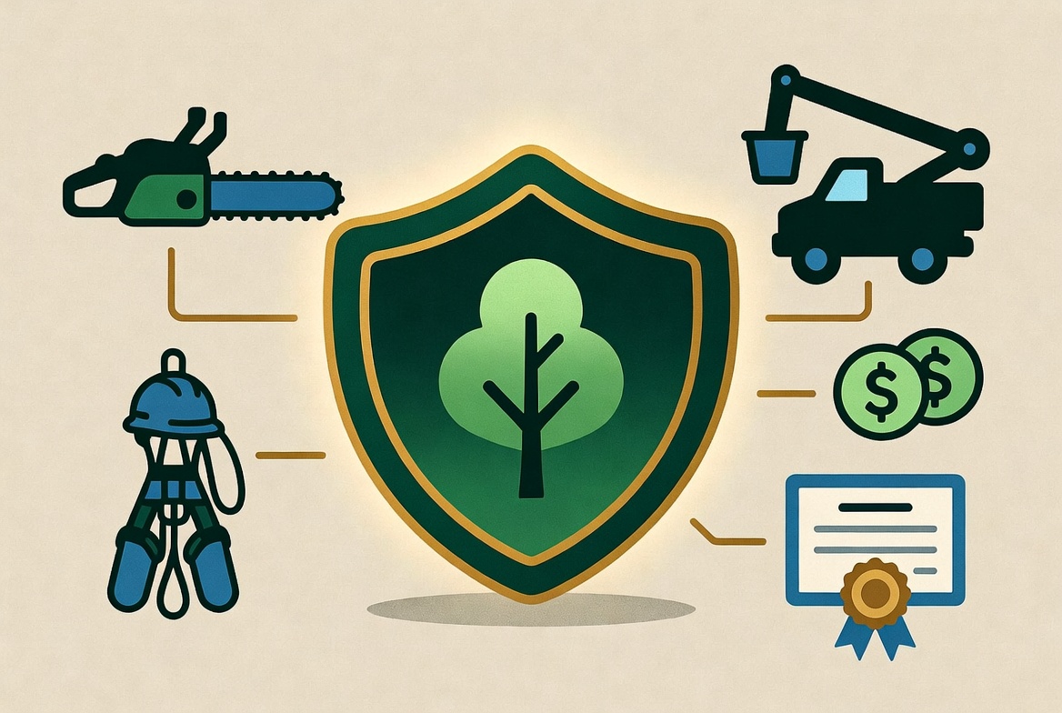 Conceptual glowing shield protecting tree service equipment and arborist icons - insurance hub page - Kelly Insurance Group