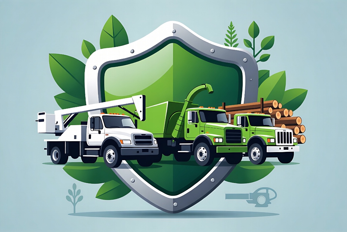 Conceptual tree service commercial auto insurance shield protecting bucket truck chipper truck and fleet