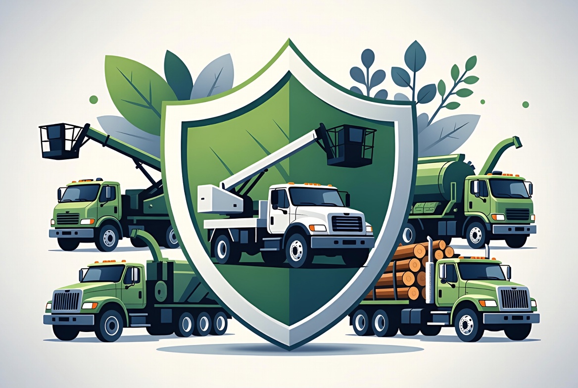 Conceptual tree service commercial auto insurance shield protecting bucket truck fleet and equipment