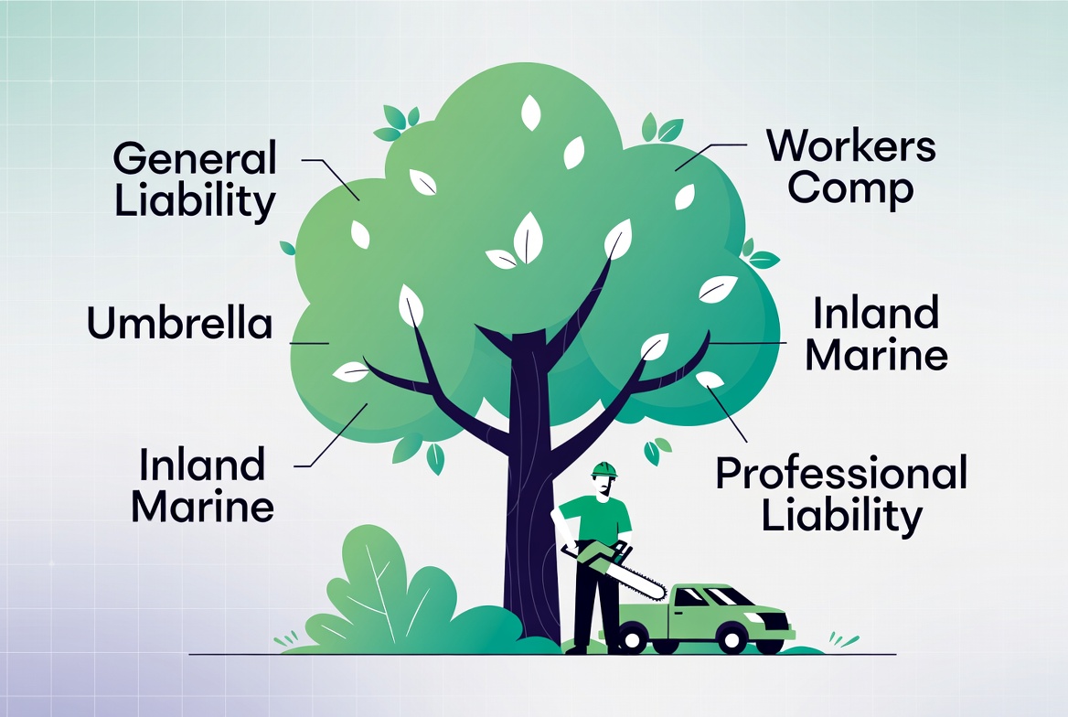 Conceptual tree service insurance infographic showing a tree with coverage branches representing arborist policy types - Kelly Insurance Group