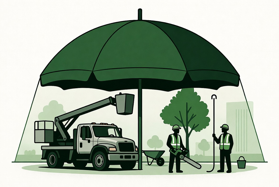Conceptual tree service umbrella insurance with large green umbrella shield over bucket truck and crew