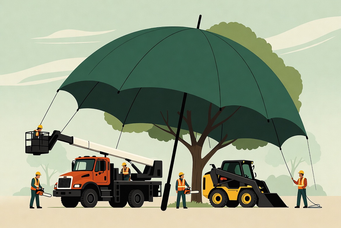 Conceptual tree service umbrella insurance protective umbrella over full operation with boom truck and skid steer