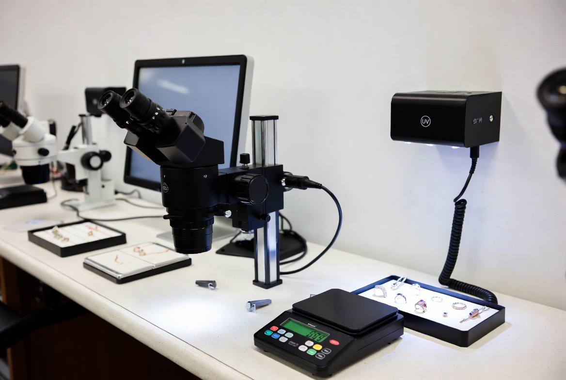 Consignment jewelry intake station with authentication tools, loupes, microscopes, weight scales, and a secure receiving area for incoming consigned pieces