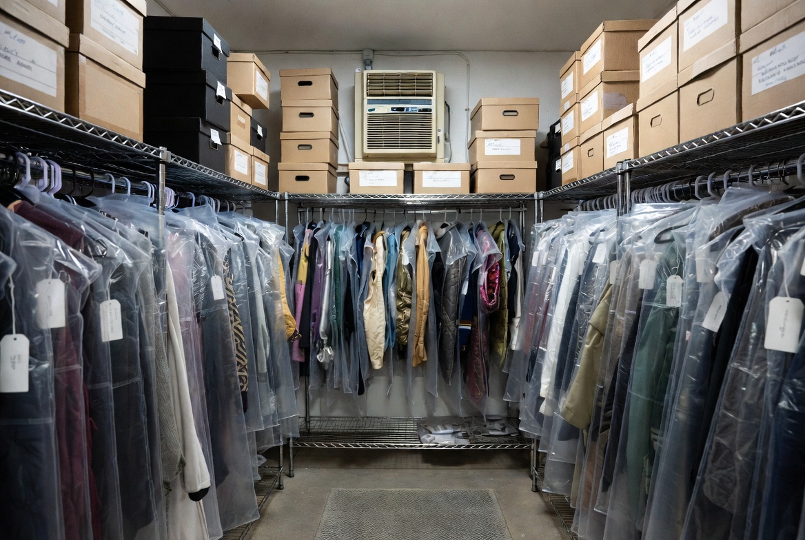 Costume designer wardrobe storage vault with organized historical pieces and garment racks for costume designer insurance
