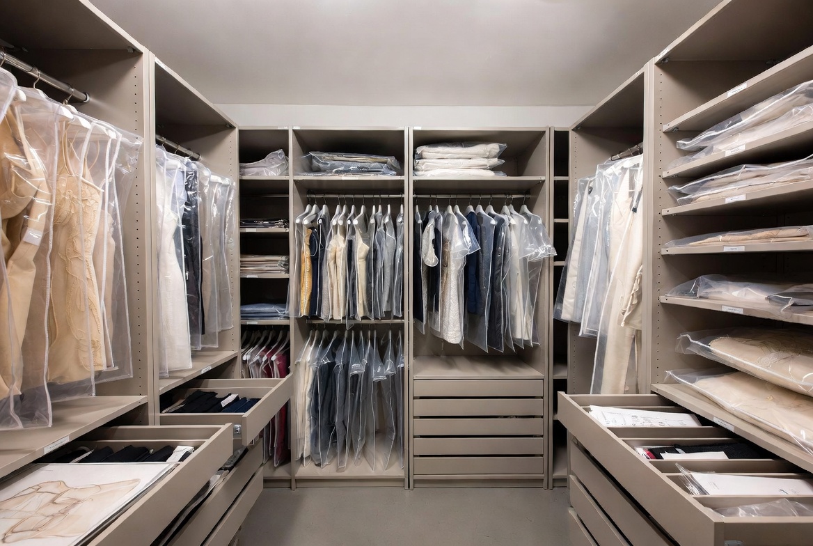 Couture designer archival collection room with preserved master pieces and documentation for couture designer insurance