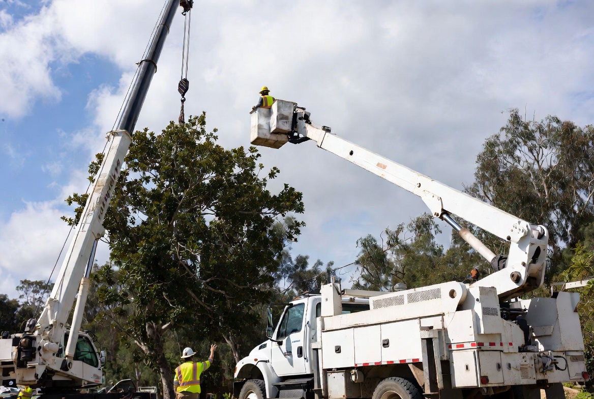Crane and boom truck tree service insurance showing bucket truck and crane coordinated tree work