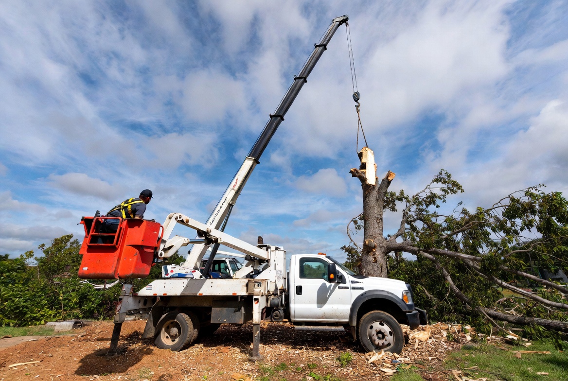 Crane and boom truck tree service insurance showing bucket truck and crane working together on tree removal