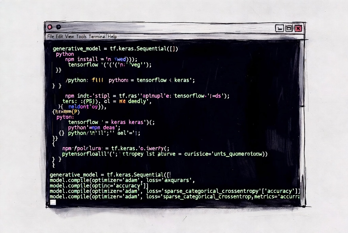 Dark-mode terminal AI coding screen with streaming green code lines