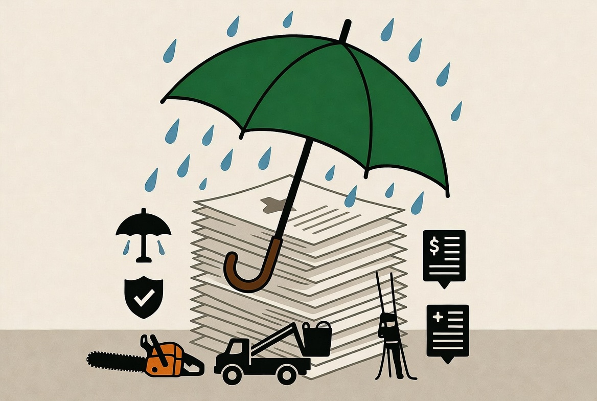 Conceptual tree service umbrella insurance showing tall policy stack with green umbrella on top