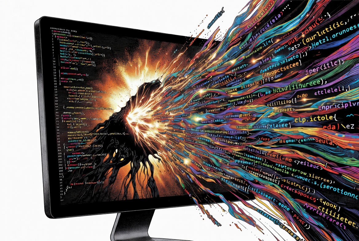 Dramatic AI code flowing from a computer screen, illustrating prompt data exposure and AI data disclosure risk