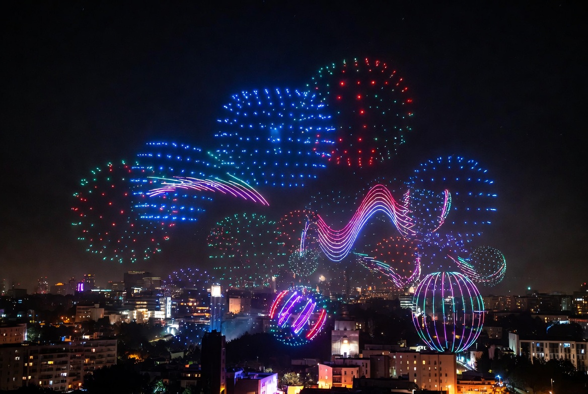 Multi-color drone swarm forming fireworks-style aerial bursts and 3D spheres over a city skyline at night