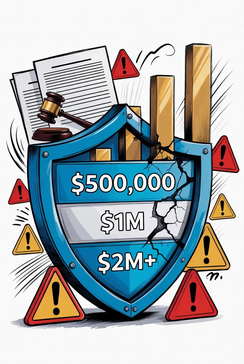 Dynamic liability insurance limits illustration with cracked shield and rising protection bars