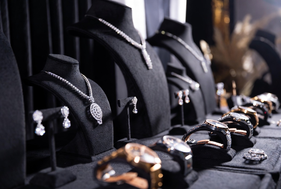 Elegant jewelry and watch rental display setup for special events with premium pieces