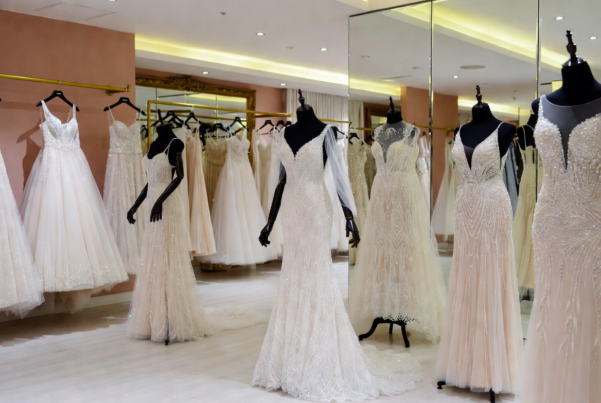 Elegant wedding dress rental collection displayed on mannequins with soft lighting for dress rental and wardrobe insurance