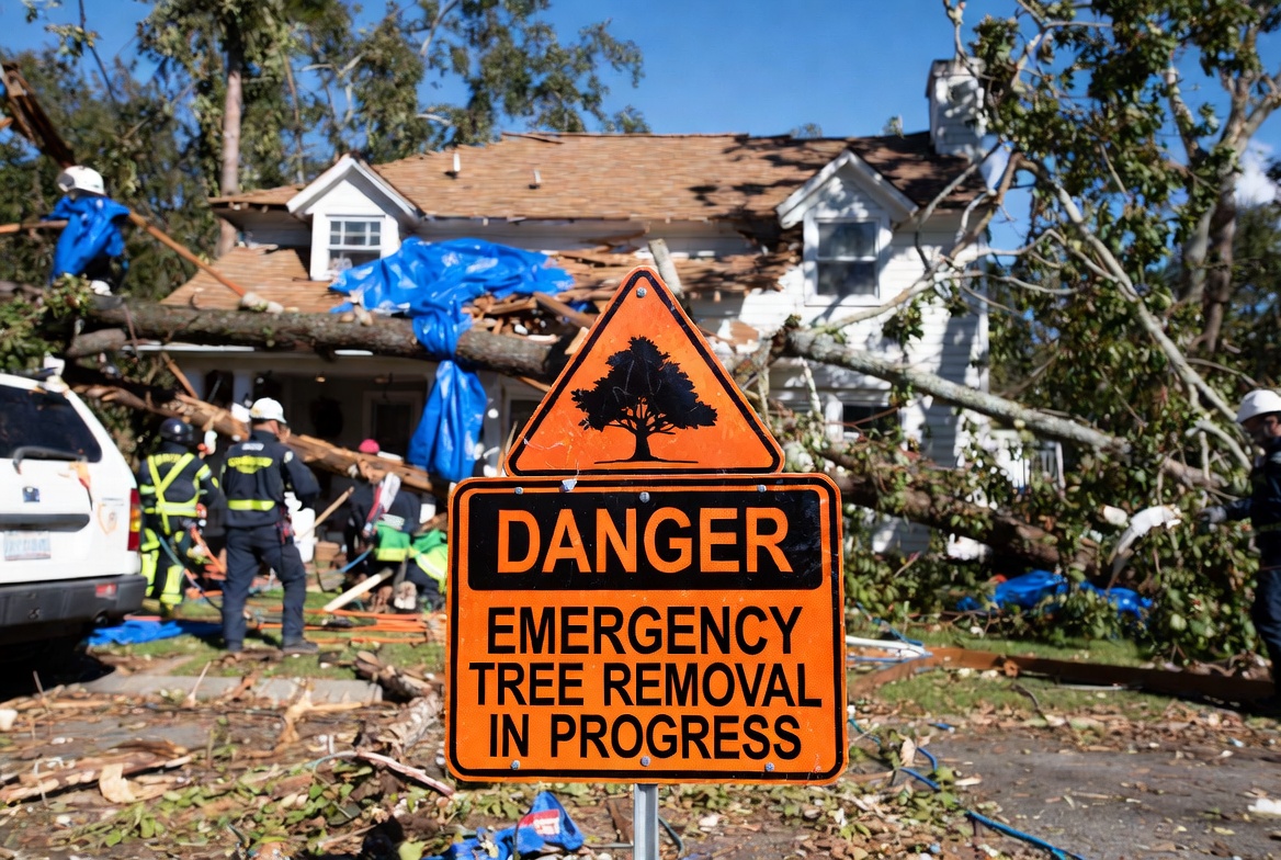 Danger emergency tree removal sign with tree on house - Kelly Insurance Group