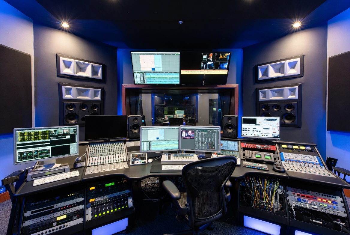 Entertainment production company post-production suite with editing bays, sound studios, media equipment, and cyber exposure