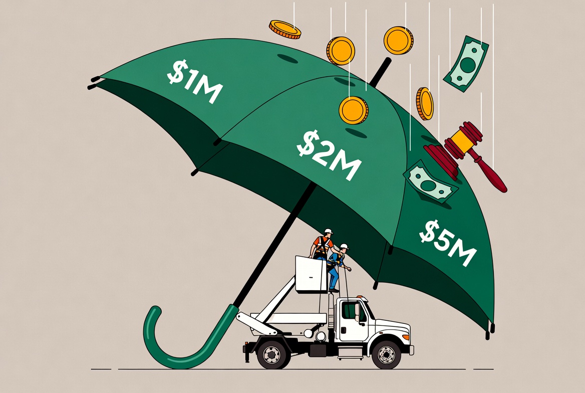 Excess liability for tree contractors - green umbrella protecting bucket truck during tree removal - Kelly Insurance Group