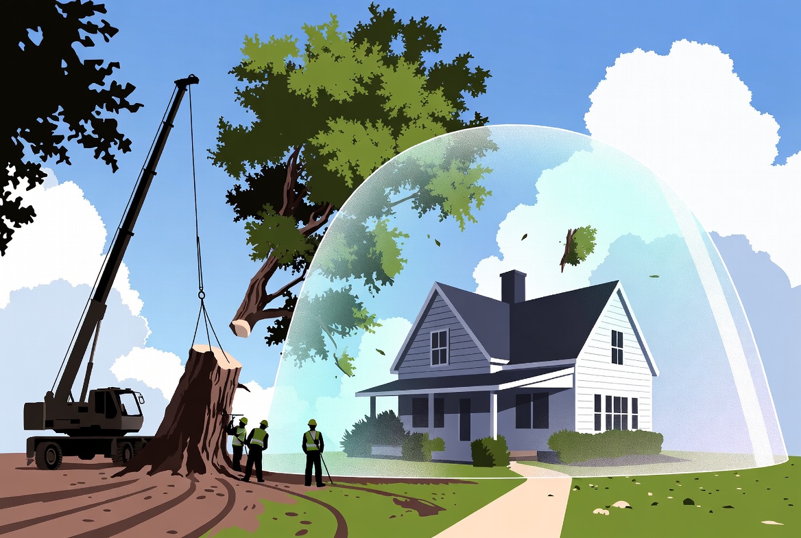 Excess liability for tree contractors - large invisible shield blocking claims during tree removal - Kelly Insurance Group