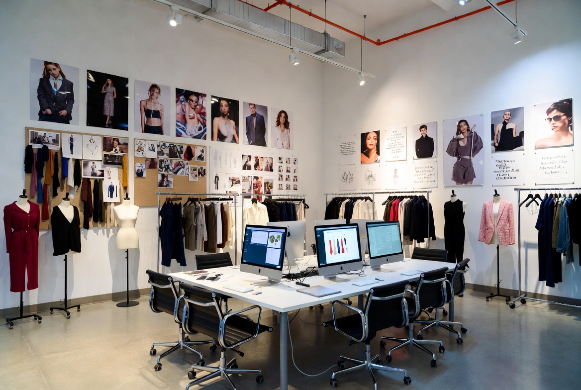 Fashion production company creative meeting room with garment samples, mood boards, concept references, and pre-production planning for a campaign