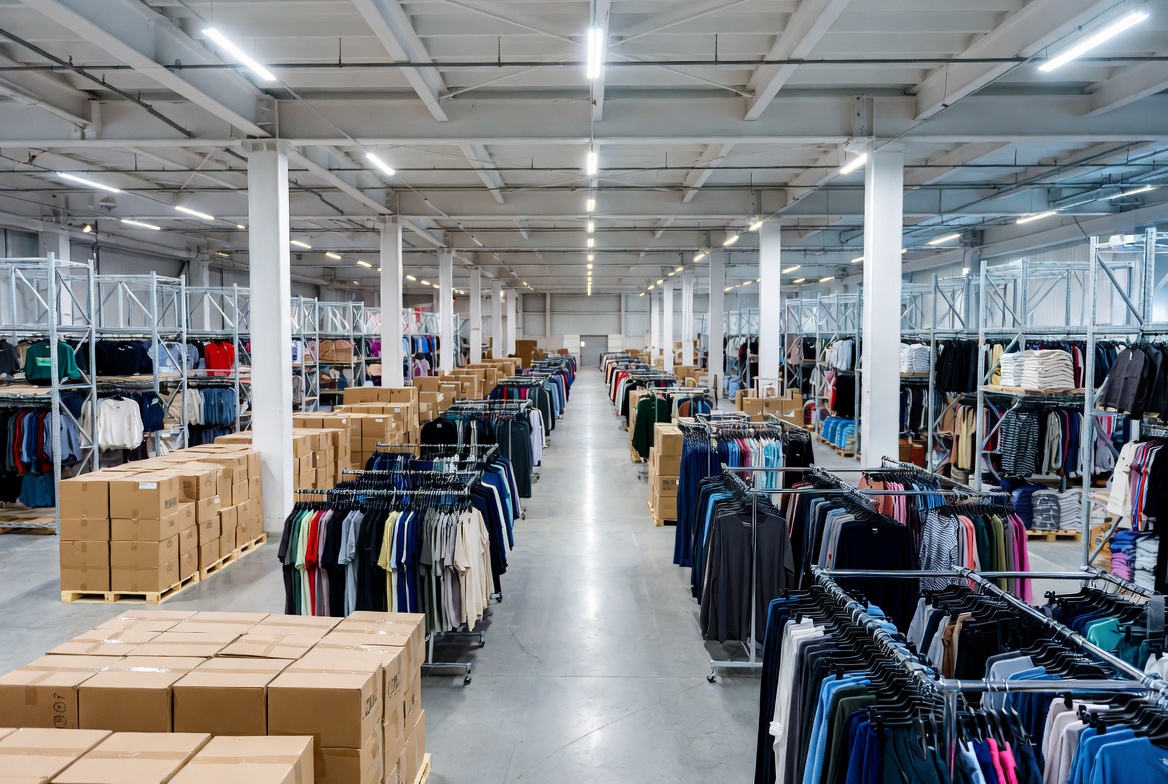 Fashion warehouse with clothing inventory hanging on rolling racks adjacent to packaging stations and pack-out tables