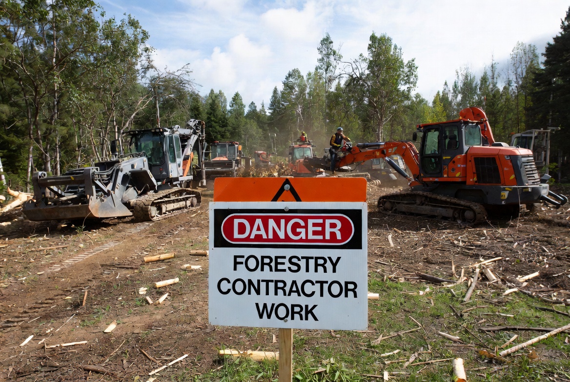 Forestry contractor operation with skidders and harvest equipment with orange danger signage - Kelly Insurance Group