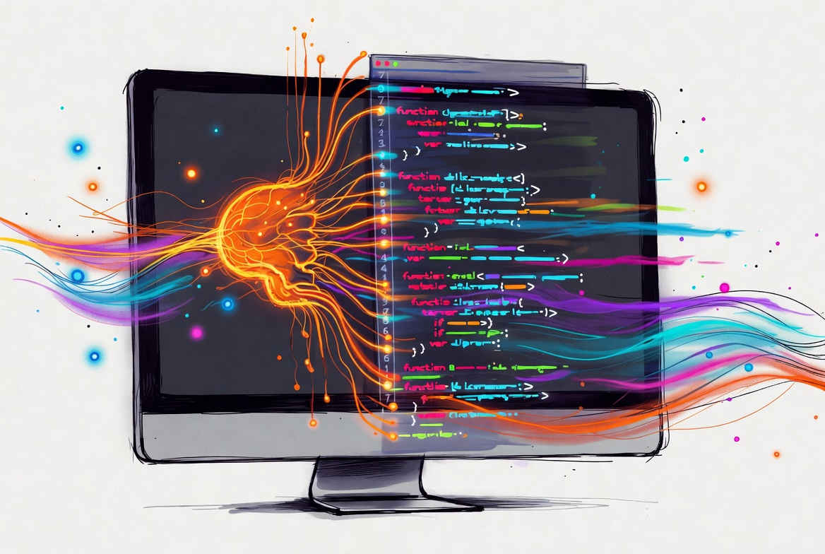 Futuristic AI auto-coding screen with a glowing neural network generating code in real time