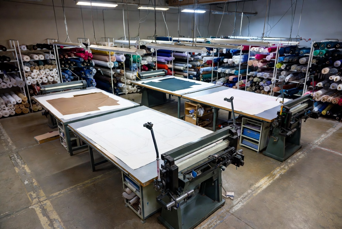 Garment contractor fabric cutting room with large pattern tables, bulk material storage, marker layouts, and cutting equipment