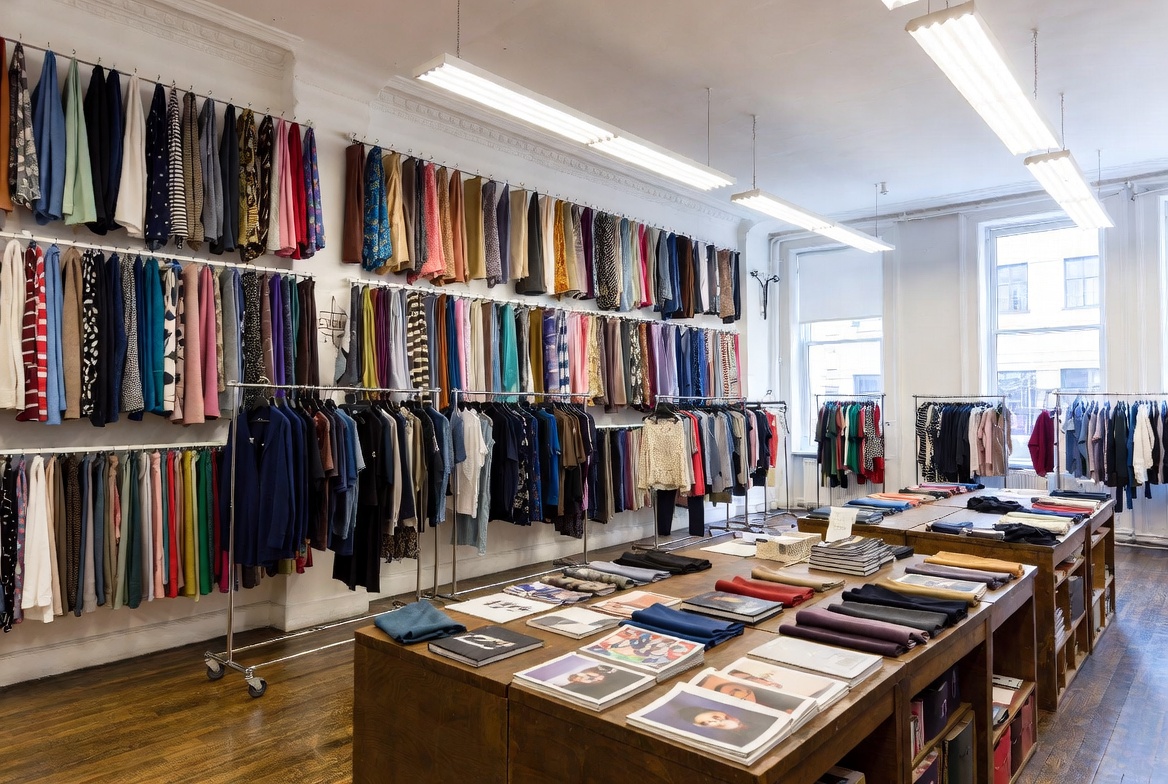 Garment District showroom interior with fabric swatches and buyer meeting space for fashion showroom business insurance