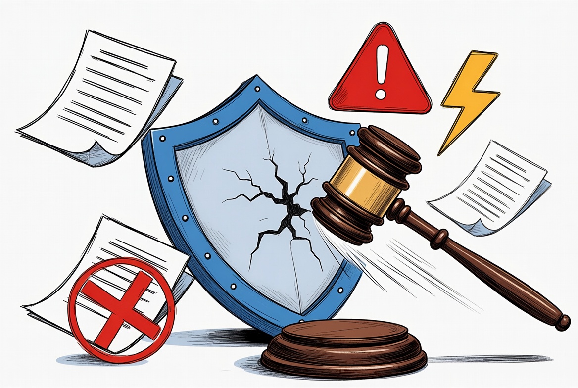 Hand drawn action over insurance exclusions concept with cracked shield and legal hammer
