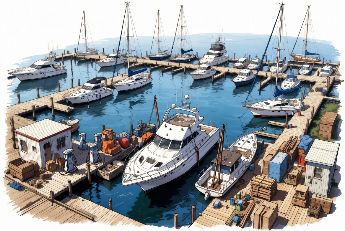 Hand drawn marina operations illustration with docks, boats, storage areas, service facilities, fuel dock, and waterfront insurance application questions