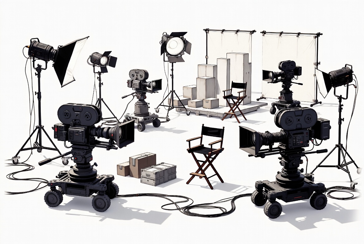 Hand drawn short term production film set with cameras and temporary stage for film production insurance
