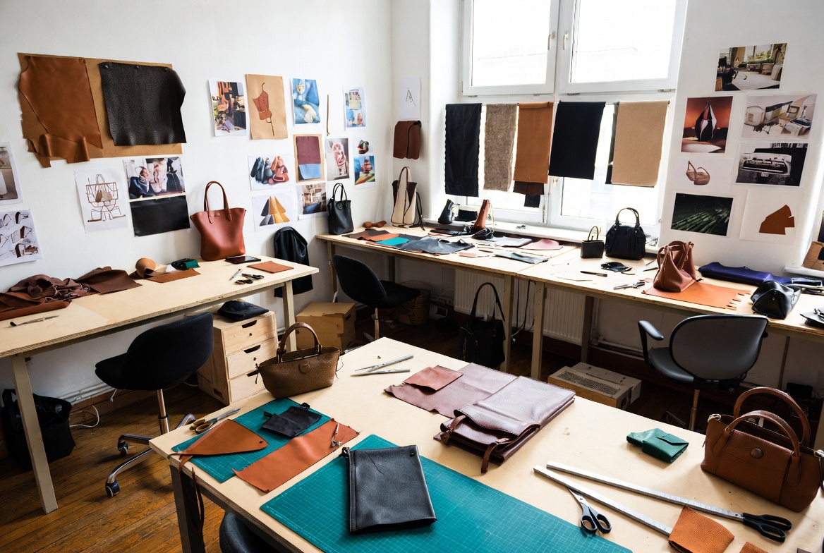 Handbag and accessories brand design studio with prototypes, materials, and sketch tables