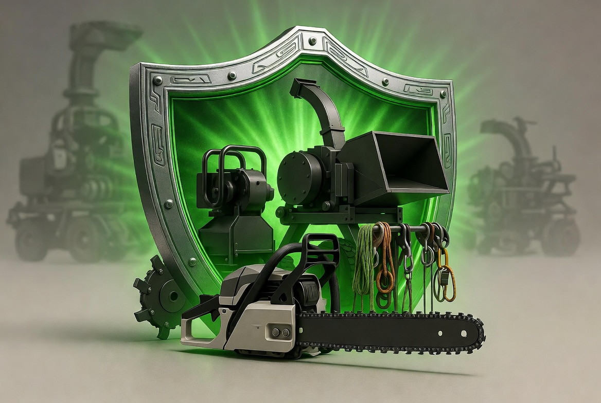 Conceptual tree equipment insurance glowing shield with chainsaw, stump grinder, chipper and climbing system - Kelly Insurance Group